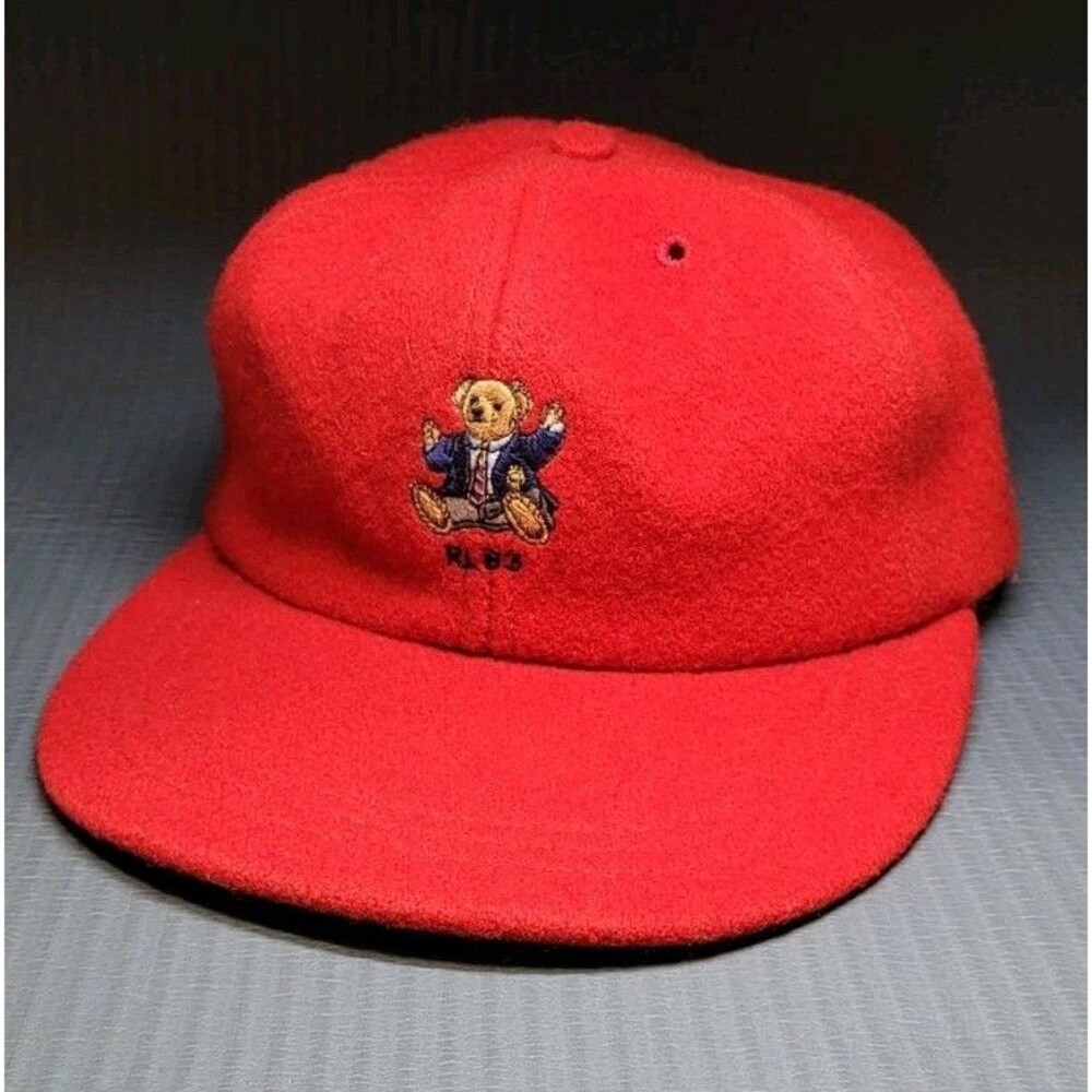 Rare Vintage Polo Ralph Lauren 1993 Sit-down Bear long bill hat Red XL 100% Wool